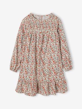 -Smocked Long Sleeve Dress with Flowers for Girls