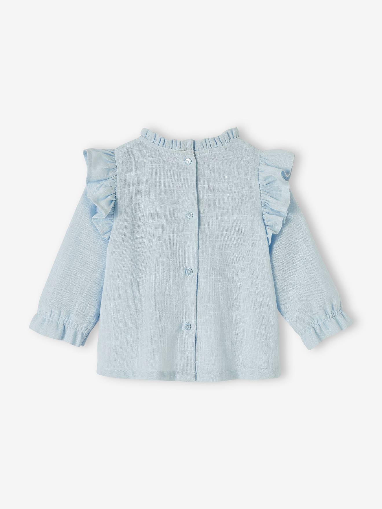 Frilly Blouse in Slub Fabric for Babies - sky blue, Baby
