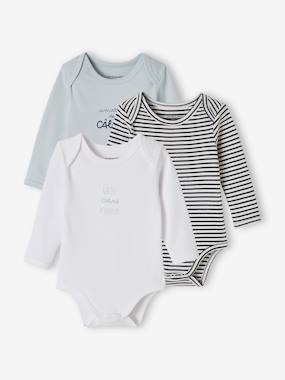 Baby-Bodysuits-Pack of 3 "Hugs" Bodysuits with Long Sleeves + Cutaway Shoulders in Organic Cotton for Babies