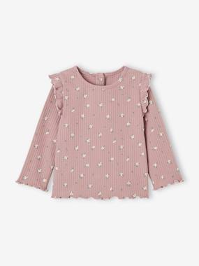 Baby-T-shirts & Roll Neck T-Shirts-Rib Knit T-Shirt with Ruffled Sleeves for Baby Girls