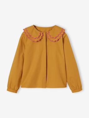 Girls-Blouses, Shirts & Tunics-Embroidered Shirt with Oversized Double Collar, for Girls