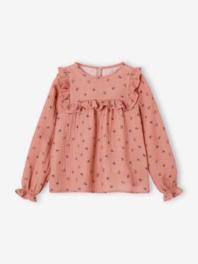 Girls-Blouses, Shirts & Tunics-Ruffled Blouse in Cotton Gauze, for Girls