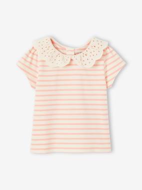 Baby-T-shirts & Roll Neck T-Shirts-Striped T-Shirt with Collar in Broderie Anglaise for Baby Girls