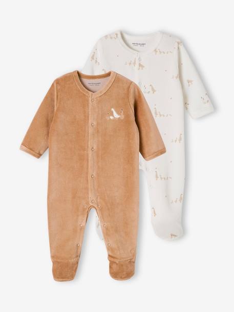 Pack of 2 Velour Sleepsuits with Front Opening for Babies cappuccino+pale blue+rose - vertbaudet enfant 