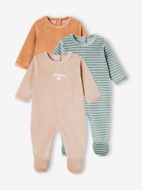 Baby-Pyjamas & Sleepsuits-Pack of 3 Sleepsuits in Velour for Babies, BASICS