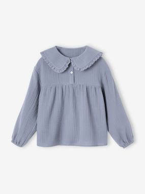 Girls-Blouses, Shirts & Tunics-Cotton Gauze Blouse with Fancy Peter Pan Collar for Girls