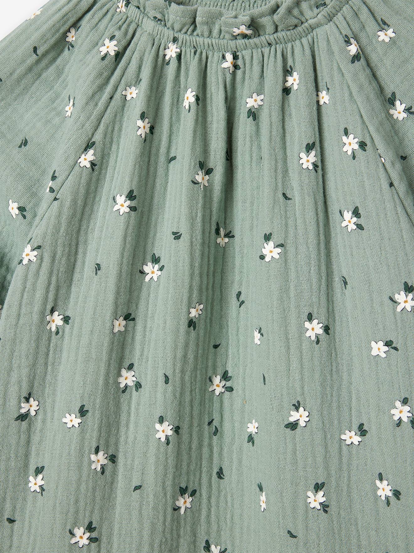 Floral Cotton Gauze Dress, for Girls - grey green, Girls