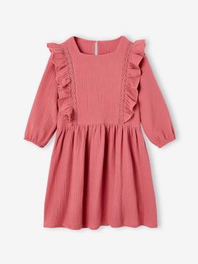 Girls-Ruffled Dress in Cotton Gauze, for Girls