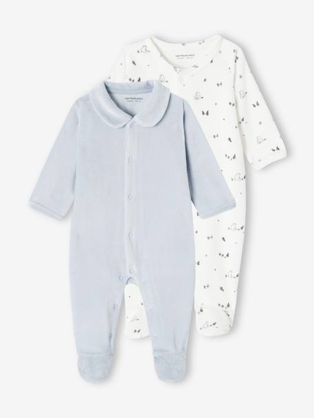 Pack of 2 Velour Sleepsuits with Front Opening for Babies cappuccino+pale blue+rose - vertbaudet enfant 