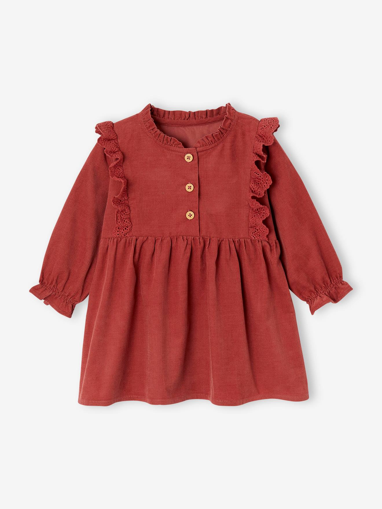 Corduroy Dress with Broderie Anglaise Ruffles for Baby Girls terracotta Baby