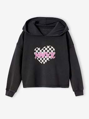 Girls-Cardigans, Jumpers & Sweatshirts-Short Sports Hoodie with Chequered Heart Motif for Girls