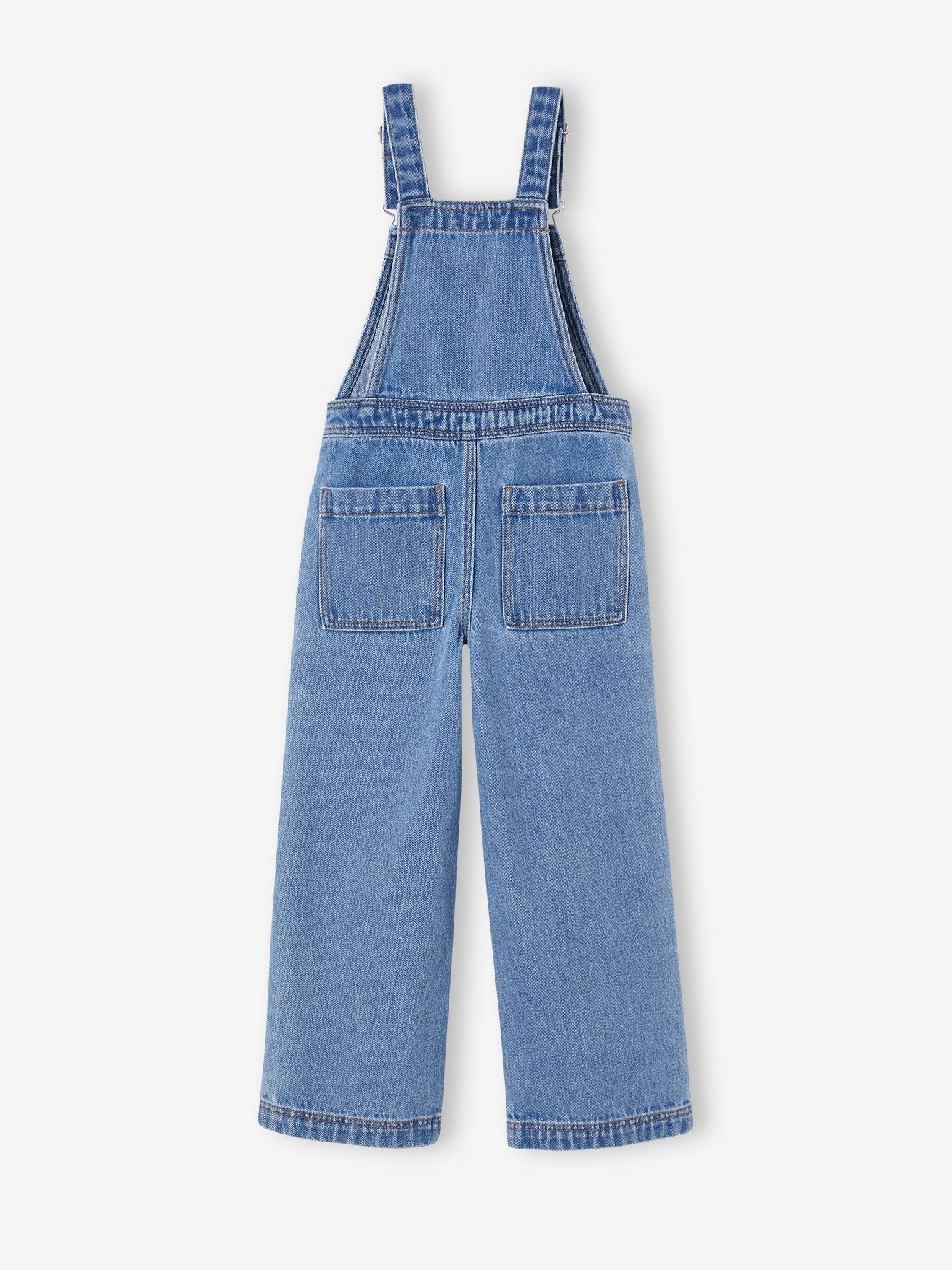 Wide Denim Dungarees with Contrasting Pockets, for Girls