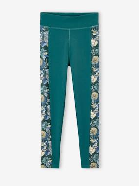 Girls-Sportswear-Sports Leggings in Techno Fabric, Stripe on the Sides with Exotic Flowers Print, for Girls