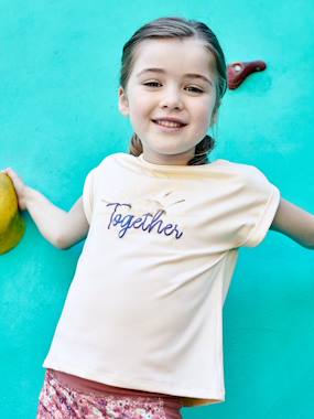 Girls-Outfits-Sports Combo: T-Shirt & Cropped Trousers with Iridescent "sunrise" Motif, for Girls
