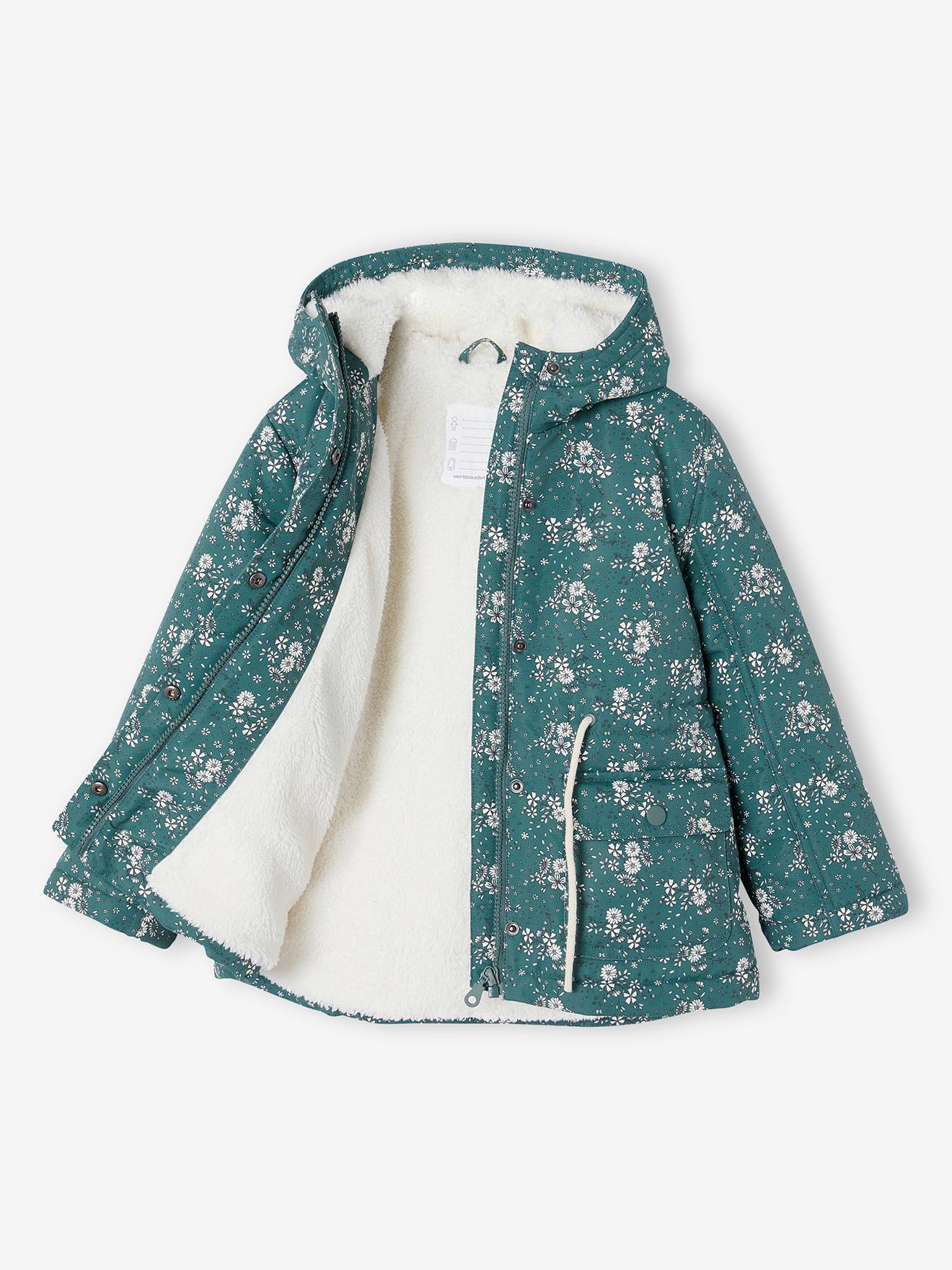 Hooded Parka with Sherpa Lining & Flower Motifs for Girls