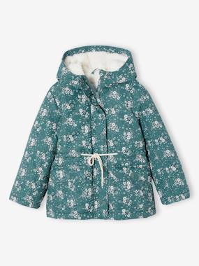 Girls-Coats & Jackets-Hooded Parka with Sherpa Lining & Flower Motifs for Girls