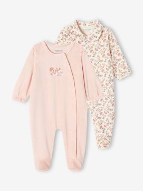 Baby-Pyjamas & Sleepsuits-Set of 2 "Small Flower" Sleepsuits in Velour for Baby Girls