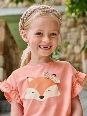 Girls-Tops-T-Shirt with Iridescent Motif & Short Ruffled Sleeves for Girls