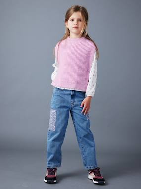 -Loose-Fitting Jeans with Floral Patches, for Girls