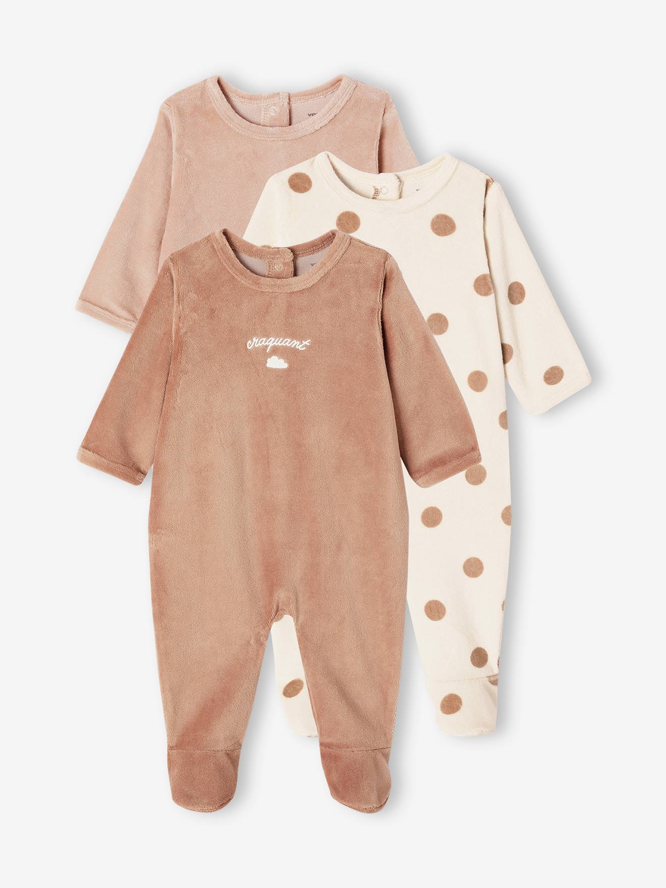 Pack of Sleepsuits in Velour for Babies, BASICS cappuccino, Baby