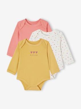 Baby-Bodysuits-Pack of 3 Heart Bodysuits with Long Sleeves + Cutaway Shoulders in Organic Cotton for Babies