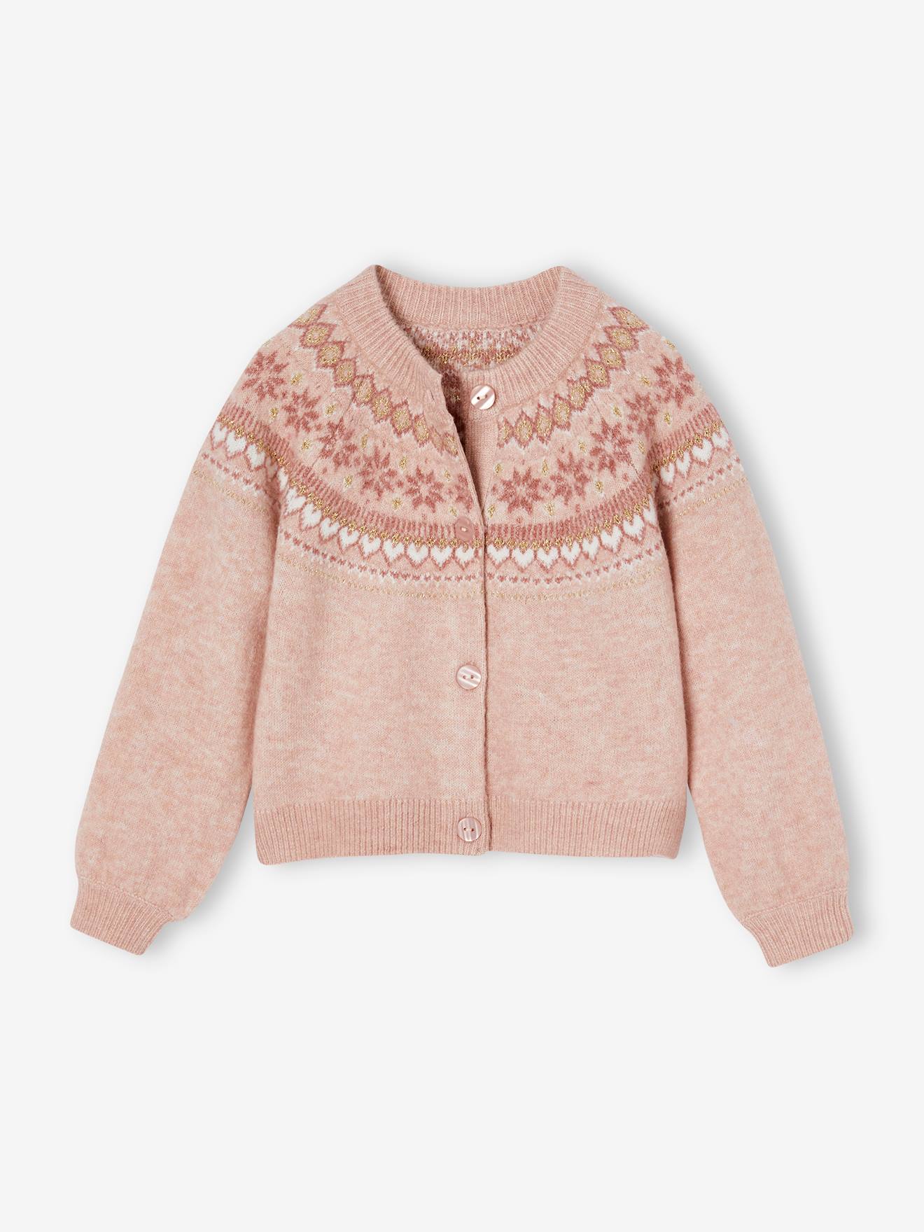 Fancy Jacquard Knit Cardigan in Shimmery Yarn for Girls rosy Girls