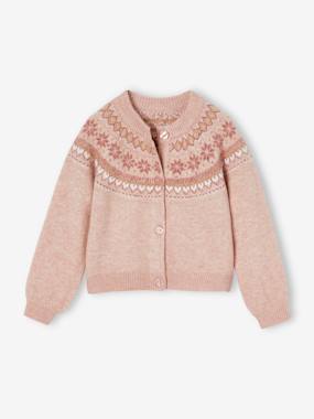 -Fancy Jacquard Knit Cardigan in Shimmery Yarn for Girls