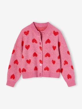 Girls-Cardigans, Jumpers & Sweatshirts-Cardigan with Jacquard Knit Hearts for Girls