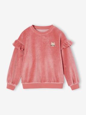 Girls-Cardigans, Jumpers & Sweatshirts-Velvet Sweatshirt with Ruffles & Cat Motif for Girls