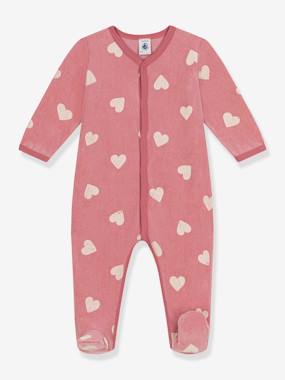 Baby-Pyjamas & Sleepsuits-Velour Sleepsuit with Heart Print, for Babies, by Petit Bateau