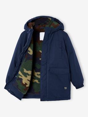 Boys-Coats & Jackets-Hooded Parka Lined in Camouflage Print Sherpa, for Boys