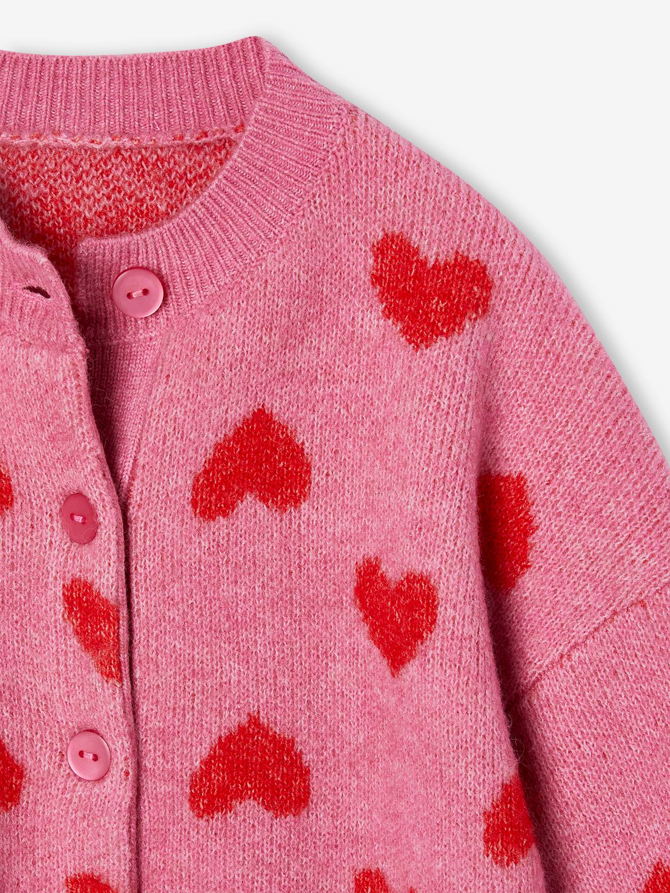 Cardigan with Jacquard Knit Hearts for Girls - old rose, Girls