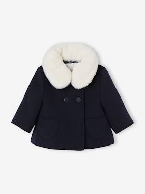 -Manteau bébé fille en drap de laine col en fausse fourrure amovible