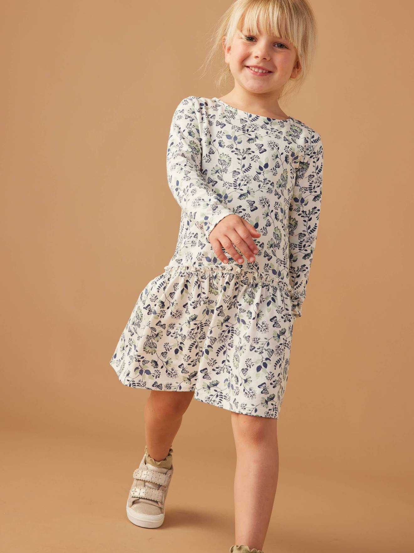 Long Sleeve Printed Dress for Girls - ecru, Girls Long Sleeve Printed Dress for Girls - ecru, Girls