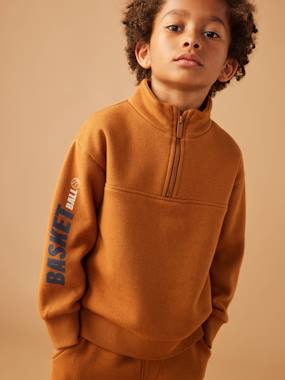 Boys-Sportswear-Sports Sweatshirt with Zip on the Neckline & Basketball on Sleeve for Boys