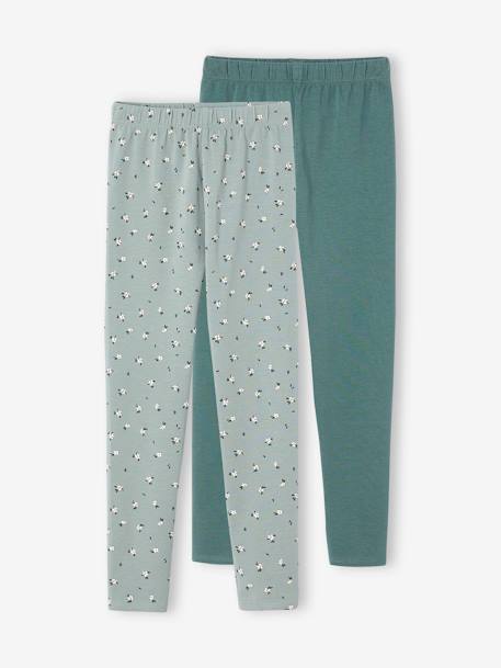 Lot de 2 leggings fille anthracite+beige+écru+rose poudré+vert émeraude+vert sauge - vertbaudet enfant 