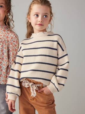 Girls-Cardigans, Jumpers & Sweatshirts-Loose-Fitting Jumper with Fancy Collar for Girls