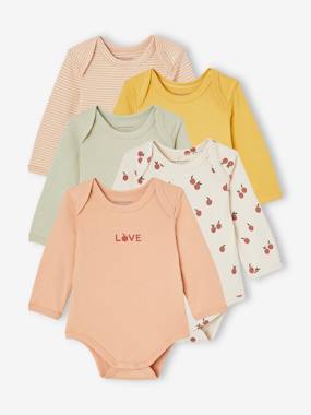 Baby-Bodysuits-Pack of 5 Long Sleeve Bodysuits with Cutaway Shoulders, Fruits