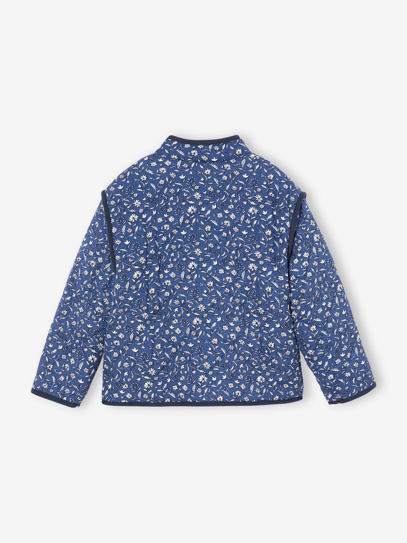 Padded Floral Jacket with Sherpa Lining, for Girls - printed blue