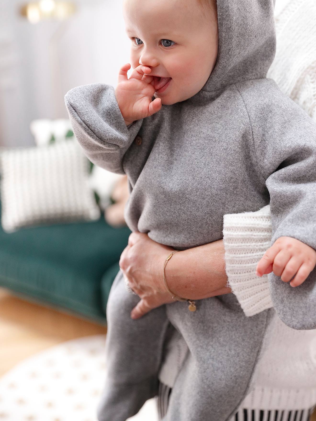 Hooded Pramsuit in Woollen-Like Fabric, Asymmetric Fastening, for