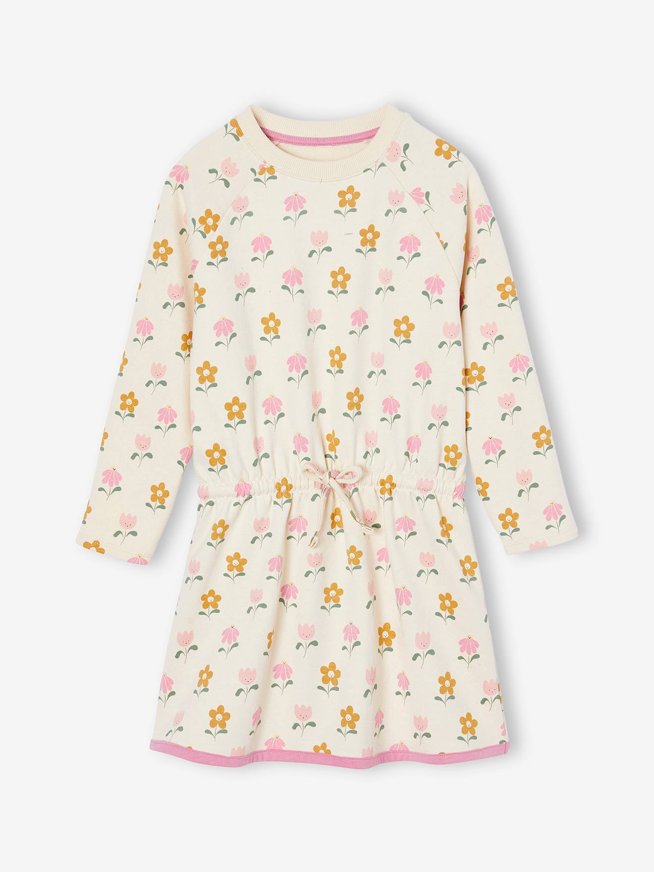 Fleece Dress with Flower Motifs for Girls Vanilla