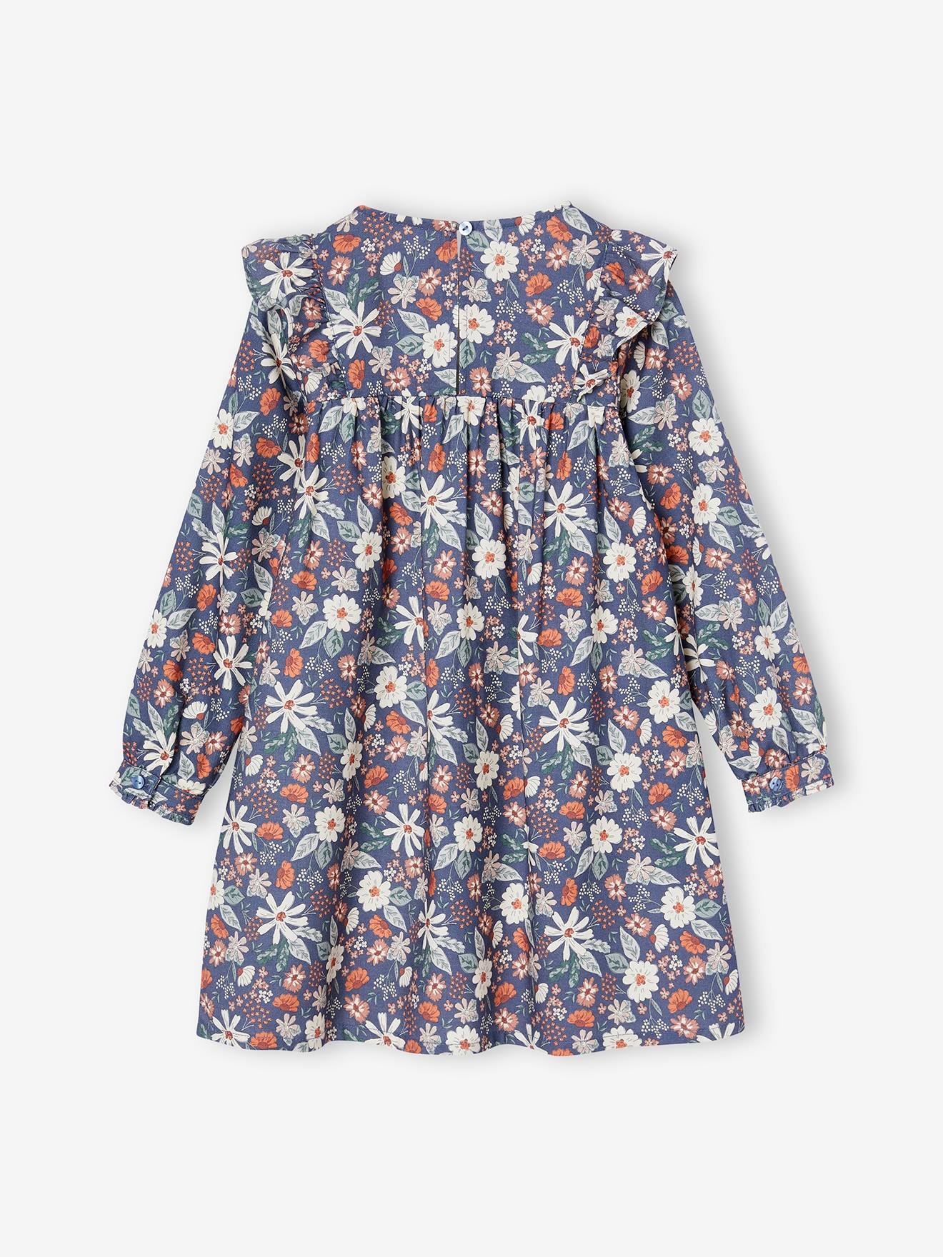 Robe à volant fleurs fille indigo, Fille