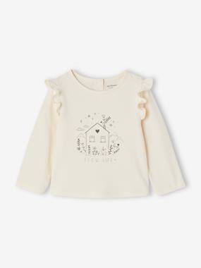 Baby-T-shirts & Roll Neck T-Shirts-Long Sleeve T-Shirt with Print & Ruffles for Babies