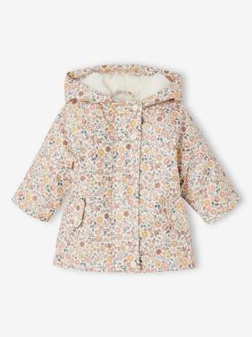 Baby-Floral Hooded Raincoat, Lined, for Baby Girls