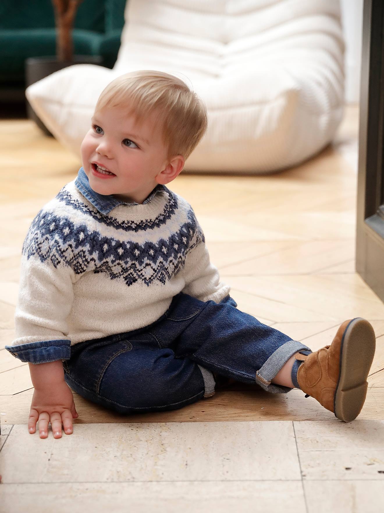 Jacquard Jumper in Ultra Soft Fuzzy Knit for Baby Boys - ecru, Baby