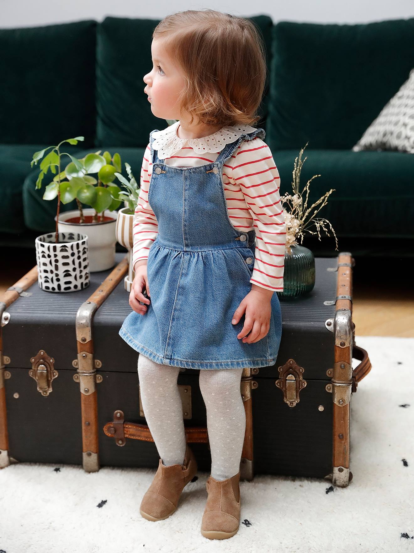 Dungaree Dress with Frilly Straps in Denim for Babies stone Baby