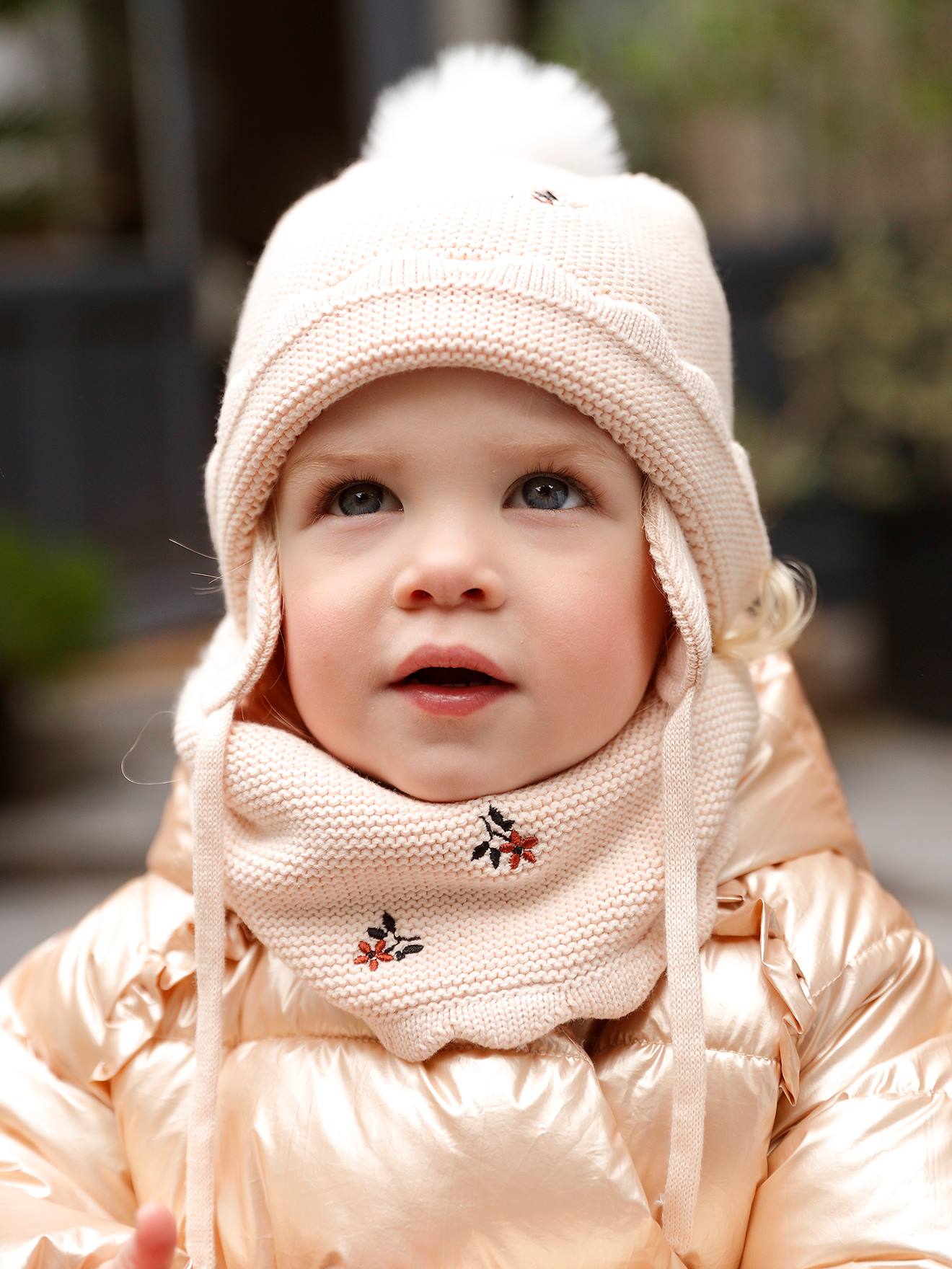 Ensemble bonnet snood moufles bebe fille beige poudre Bebe