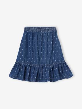 Girls-Skirts-Ruffled Mid-Length Skirt in Light Denim, for Girls