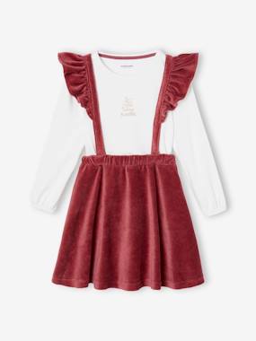 Girls-T-Shirt & Corduroy Skirt with Frilly Braces Ensemble for Girls