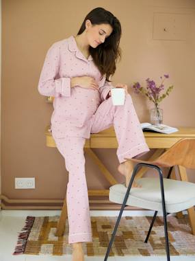 -Ensemble 2 pièces pyjama de grossesse en flanelle rayée motifs coeurs